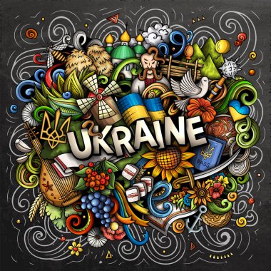 Ukraine hand drawn cartoon doodle illustration. Funny Ukrainian design. Creative raster background. Handwritten text with Europeian Country elements and objects. Chalkboard composition clipart