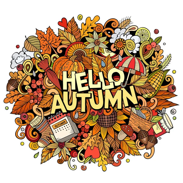 Hello Autumn nature cartoon doodle illustration. Funny seasonal design. Creative art raster background. Handwritten text with fall elements and objects