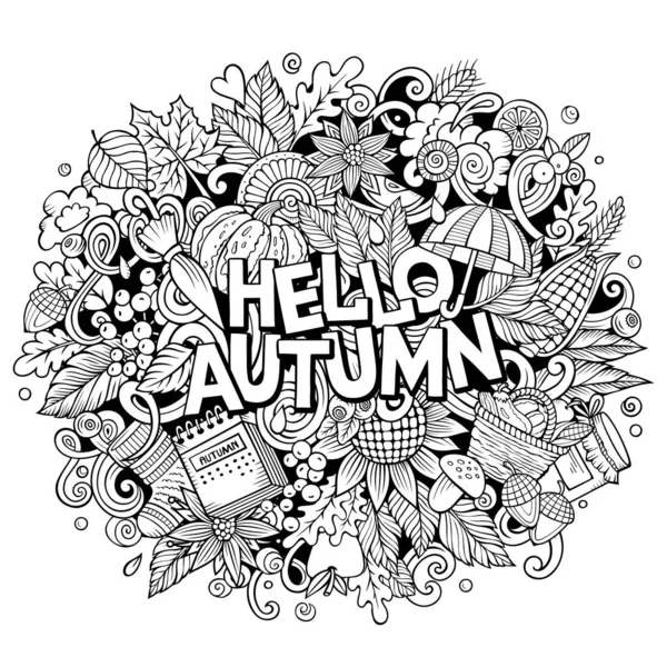 Hello Autumn nature cartoon doodle illustration. Funny seasonal design. Creative art raster background. Handwritten text with fall elements and objects