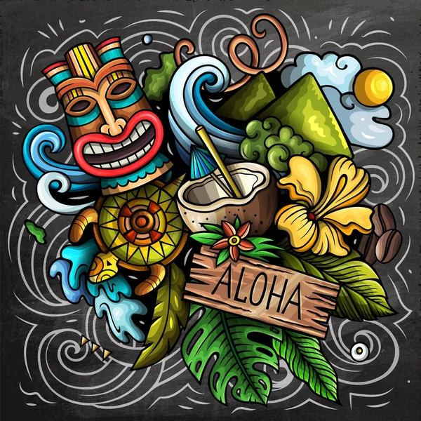 Hawaii Cartoon Raster Doodle Design Kreidetafel Detailkomposition Mit Vielen Hawaiianischen — Stockfoto