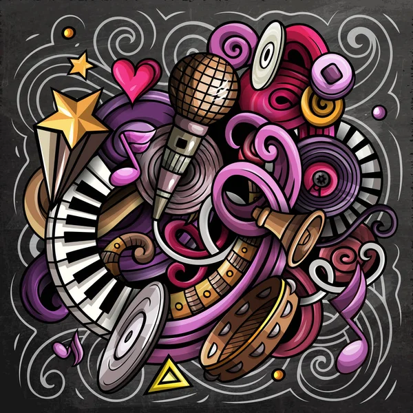 Muziekschoolbord Raster Doodles Illustratie Muzikaal Affiche Ontwerp Geluidselementen Objecten Cartoon — Stockfoto
