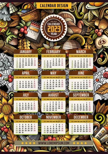 Cartoon colorful hand drawn doodles Thanksgiving 2023 year calendar template. English, Sunday start. Very detailed, with lots of objects illustration. Funny raster artwork.