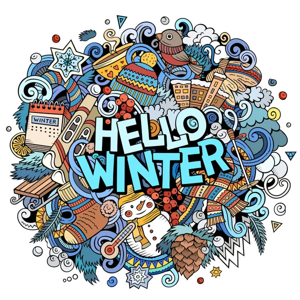 Hello Winter hand drawn cartoon doodles illustration. Funny seasonal design. Creative art raster background. Handwritten text with cold season elements and objects. Colorful composition