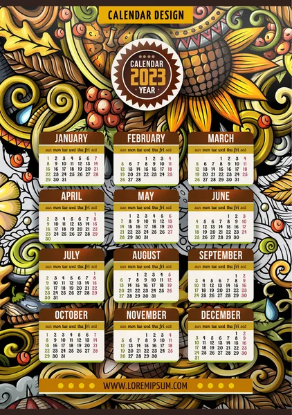 Cartoon colorful hand drawn doodles Autumn 2023 year calendar template. English, Sunday start. Very detailed, with lots of objects illustration. Funny raster artwork.