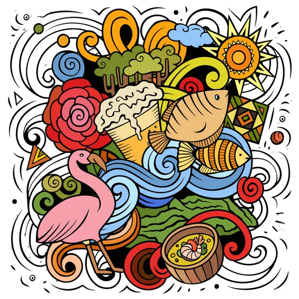 エクアドル手描きの漫画の落書きイラスト 面白い旅行デザイン 創造的なアートラスターの背景 ラテンアメリカの国の要素とオブジェクト — ストック写真