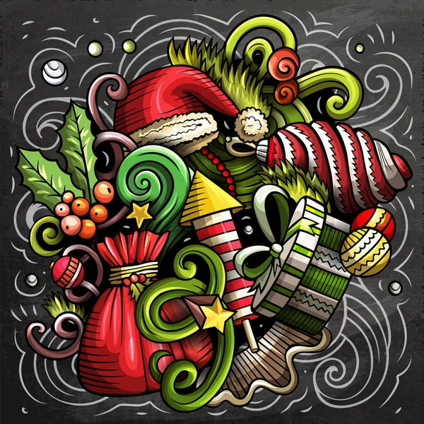 New Year cartoon raster doodle design. Colorful detailed composition with lot of holidays objects and symbols