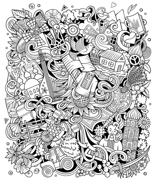 Ukraine cartoon raster doodles illustration. Ukrainian symbols, elements and objects background. Sketchy funny picture. d