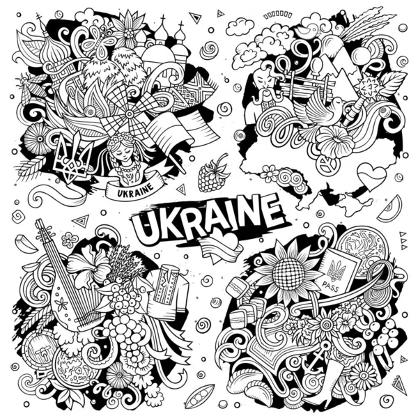 Ukraine Cartoon Raster Doodle Designs Set Line Art Detailed Compositions — Stock Photo, Image