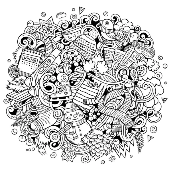 Olá Inverno Desenhado Mão Desenho Animado Doodles Ilustração Design Sazonal — Fotografia de Stock