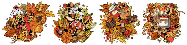 Autumn Cartoon Raster Doodle Designs Set Colorful Detailed Compositions Lot — Stock Photo, Image