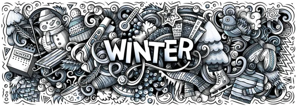 Winter cartoon doodle banner. Funny seasonal design. Creative art raster background. Handwritten text with cold season elements and objects