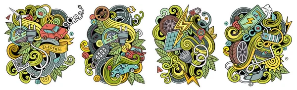 Electric Cars cartoon raster doodle designs set. Colorful detailed compositions with lot of eco transport objects and symbols.