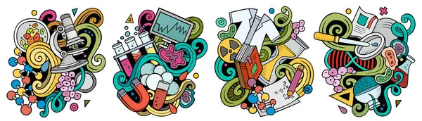 Science cartoon raster doodle designs set. Colorful detailed compositions with lot of scientific objects and symbols.