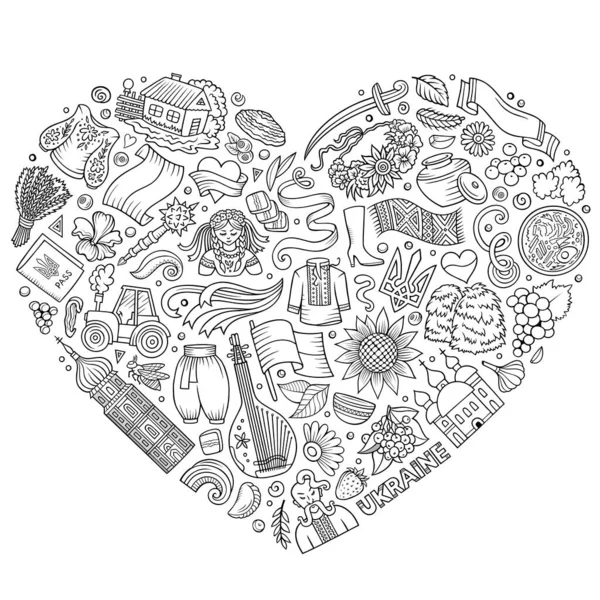 Sketchy Raster Set Ukraine Cartoon Doodle Objects Symbols Items Heart — Stock Photo, Image