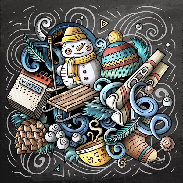 Tecknad Raster Doodles Vinter Illustration Kalkbräda Detaljerad Med Massor Objekt — Stockfoto