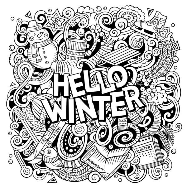 Hello Winter hand drawn cartoon doodles illustration. Funny seasonal design. Creative art raster background. Handwritten text with cold season elements and objects
