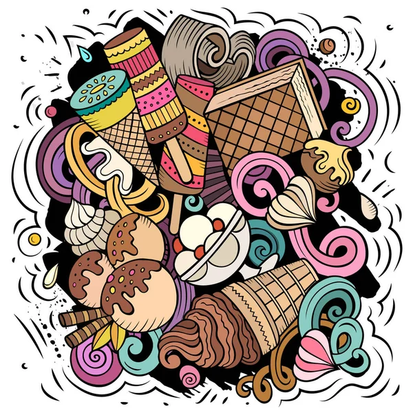 冰淇淋卡通图片 色彩斑斓的精美构图 有许多甜食的物品和符号 — 图库照片