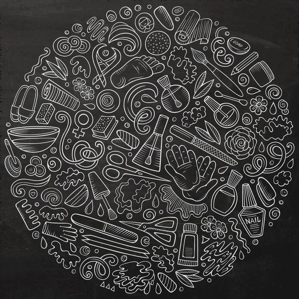 Chalkboard raster set of Nail Salon cartoon doodle objects, symbols and items. Round composition
