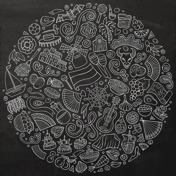 Chalkboard Raster Set Spain Cartoon Doodle Objects Symbols Items Composition — Stock Photo, Image