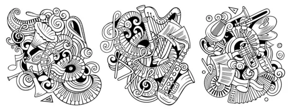 classical music cartoon raster doodle designs set. Sketchy detailed compositions with lot of musical objects and symbols