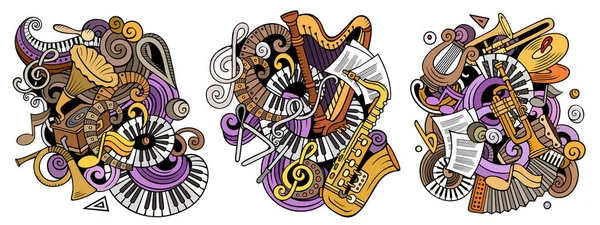 classical music cartoon raster doodle designs set. Colorful detailed compositions with lot of musical objects and symbols.