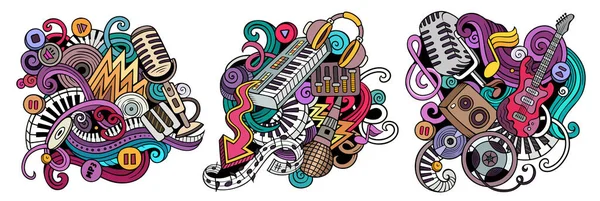 Disco Music Cartoon Raster Doodle Designs Set Colorful Detailed Compositions — Stock Photo, Image