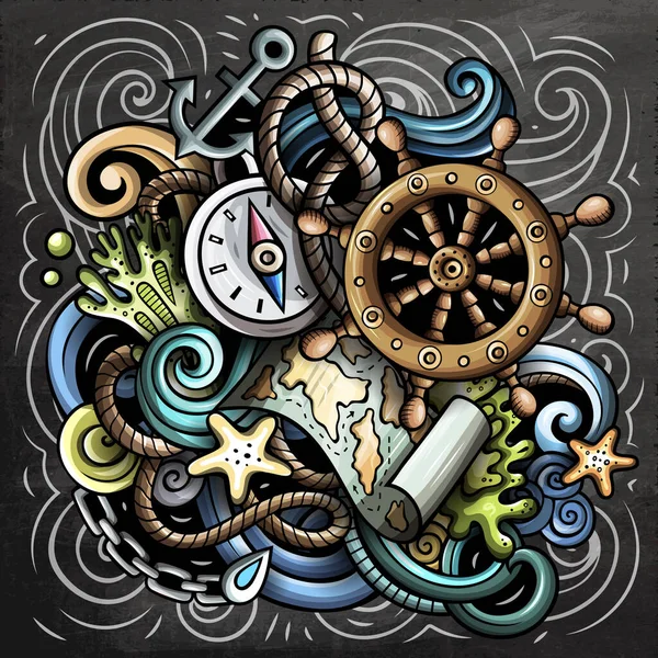 Nautical cartoon raster illustration. Chalkboard detailed composition with lot of Marine objects and symbols.