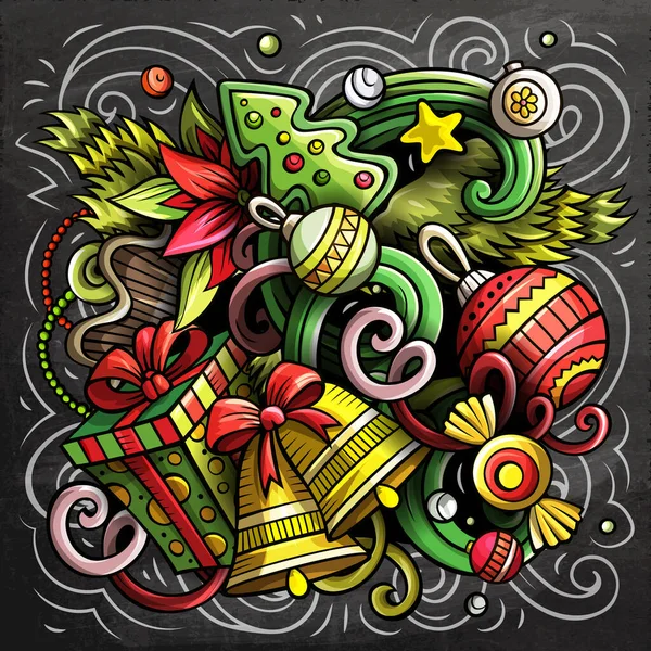 New Year cartoon raster doodle design. Colorful detailed composition with lot of holidays objects and symbols