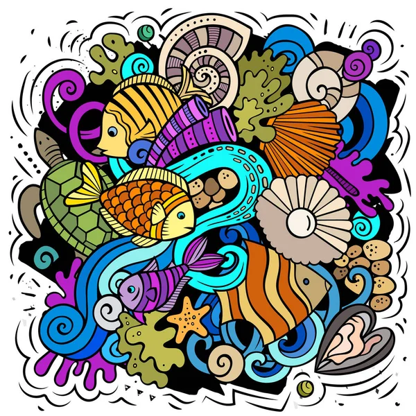 Sea Life cartoon raster illustration. Colorful detailed composition with lot of Uderwater World objects and symbols.