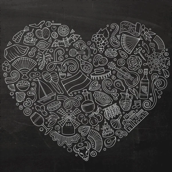 Liitutaulu Rasteri Joukko Espanja Sarjakuva Doodle Esineitä Symboleja Kohteita Sydänmuodon — kuvapankkivalokuva