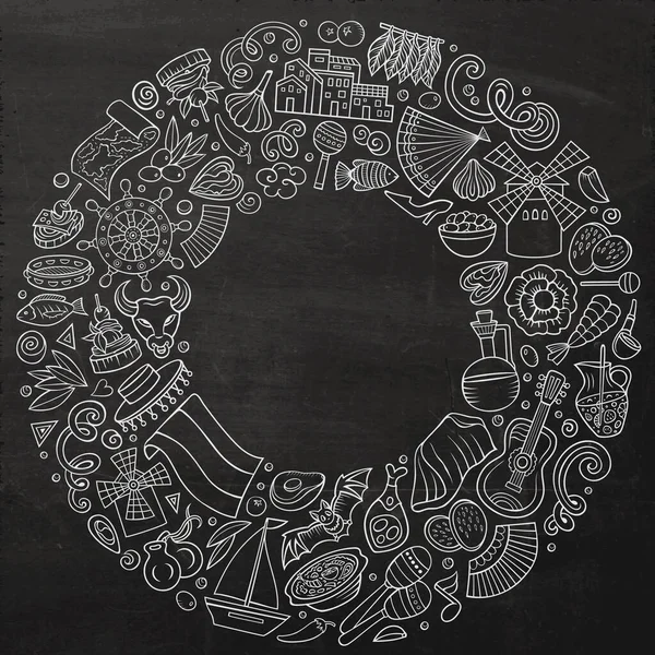 Chalkboard Raster Set Spain Cartoon Doodle Objects Symbols Items Frame — Stock Photo, Image