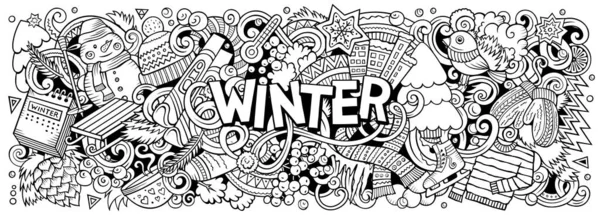 Winter cartoon doodle banner. Funny seasonal design. Creative art raster background. Handwritten text with cold season elements and objects.