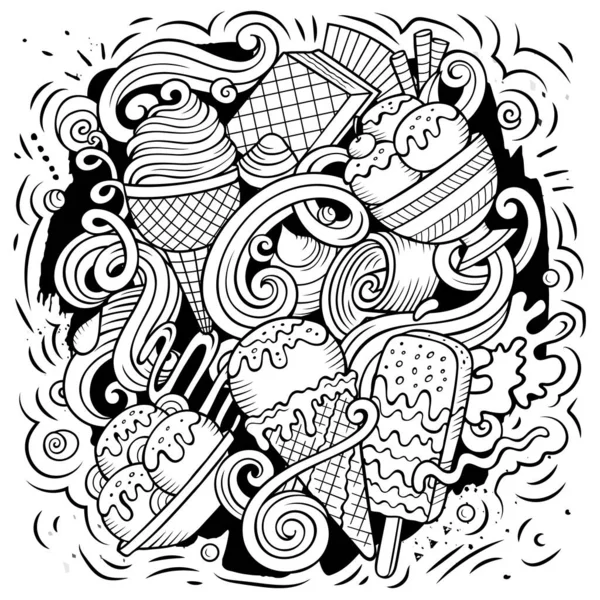 Ice Cream cartoon raster illustration. Sketchy detailed composition with lot of Sweet Food objects and symbols.