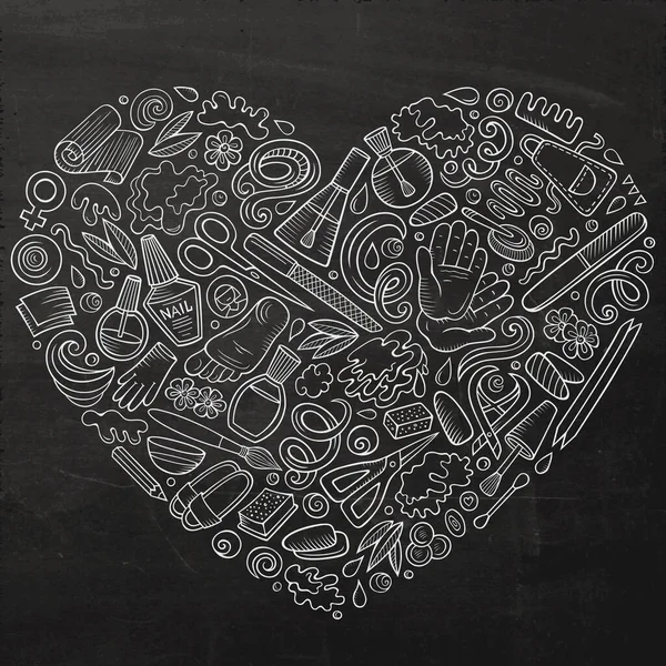 Chalkboard raster set of Nail Salon cartoon doodle objects, symbols and items. Heart form composition