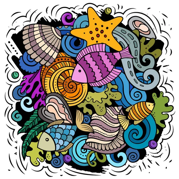 Sea Life cartoon raster illustration. Colorful detailed composition with lot of Uderwater World objects and symbols.