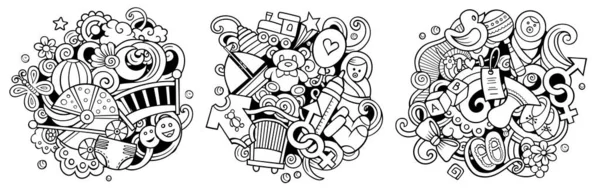 Baby Cartoon Raster Doodle Designs Set Line Art Detailed Compositions — Stock Photo, Image