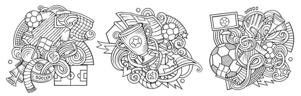 Fotboll Tecknad Raster Doodle Design Set Sketchy Detaljerade Kompositioner Med — Stockfoto