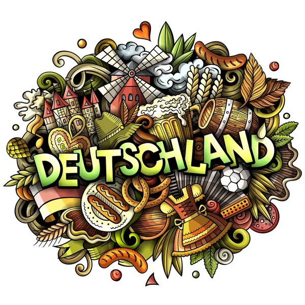 ドイツドイツの漫画の落書きイラスト 面白い旅行デザイン 創造的なアートラスターの背景 ドイツ語の記号 オブジェクトと手書きのテキスト — ストック写真