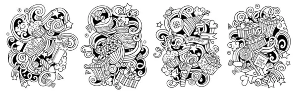 Födelsedag Tecknad Raster Doodle Design Set Sketchy Detaljerade Kompositioner Med — Stockfoto
