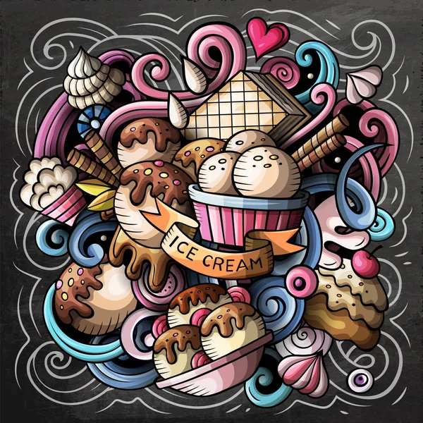アイスクリーム漫画ラスターイラスト 甘い食べ物のオブジェクトやシンボルの多くと黒板の詳細組成 — ストック写真
