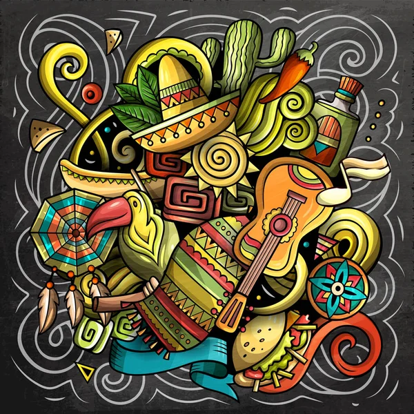 Latin America cartoon raster illustration. Chalkboard detailed composition with lot of Latinamerican objects and symbols.