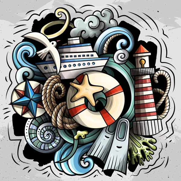 Nautical cartoon raster illustration. Colorful detailed composition with lot of Marine objects and symbols.