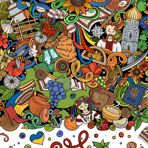 乌克兰卡通栅格涂鸦框 乌克兰的符号 元素和物体背景 明亮的颜色有趣的边框 — 图库照片
