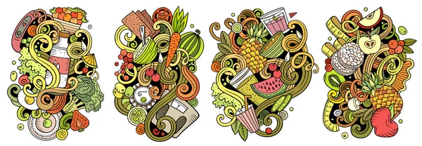 Diet Food Cartoon Raster Doodle Designs Set Colorful Detailed Compositions — Stock Photo, Image