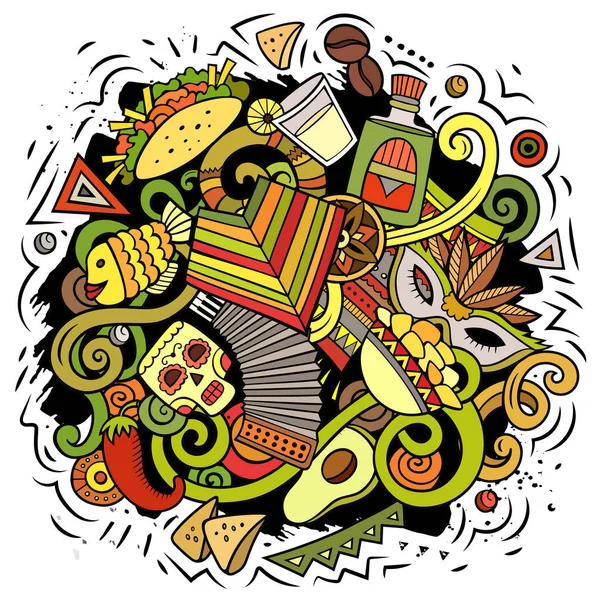 拉丁美洲卡通图片 五颜六色的详细构图 有许多拉丁美洲的物体和符号 — 图库照片