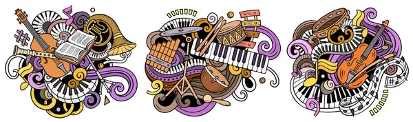 classical music cartoon raster doodle designs set. Colorful detailed compositions with lot of musical objects and symbols.