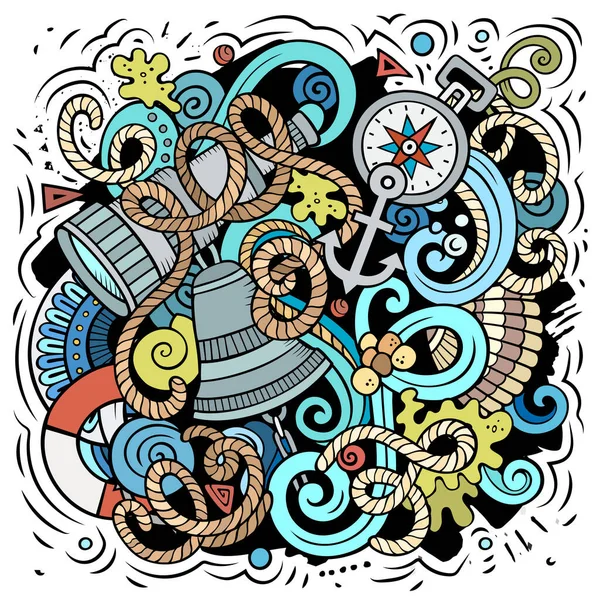 Nautical Cartoon Raster Illustration Colorful Detailed Composition Lot Marine Objects — Stock Photo, Image