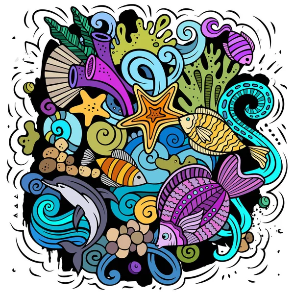 Sea Life cartoon raster illustration. Colorful detailed composition with lot of Uderwater World objects and symbols.