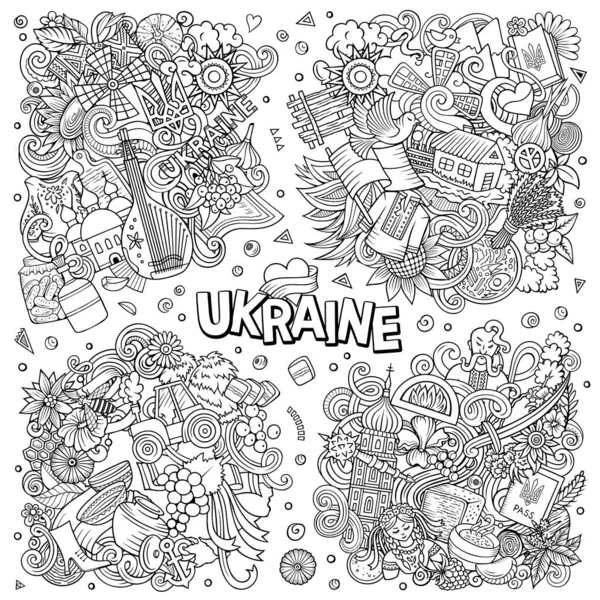 Ukrajina Karikatura Rastrové Kresby Set Line Art Detailní Skladby Spoustou — Stock fotografie