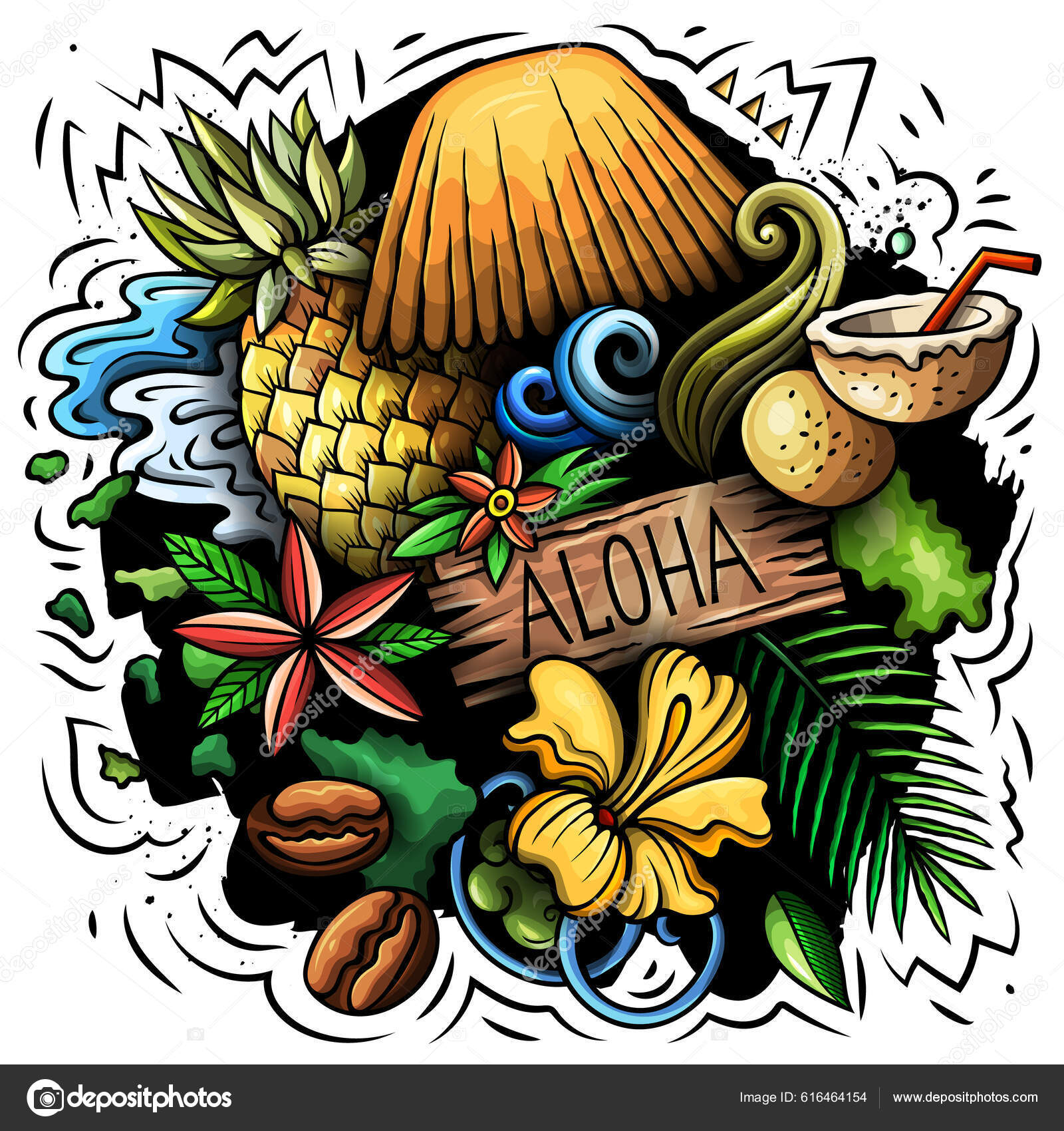 Hawaii Dibujos Animados Raster Doodle Design Colorida Composición Detallada  Con — Foto de stock #616464154 © 3dsparrow, image size:1600x1700